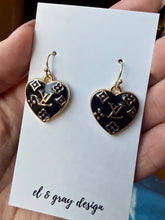 Load image into Gallery viewer, Upcycled Designer Pendant Earrings #120 - Black & Gold Hearts