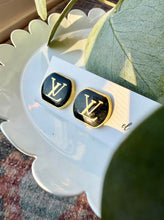 Load image into Gallery viewer, Upcycled Designer Pendant Earrings #107 - Black & Gold