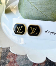 Load image into Gallery viewer, Upcycled Designer Pendant Earrings #107 - Black & Gold