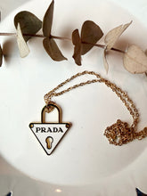 Load image into Gallery viewer, Upcycled Designer Pendant Necklace #219- White & Gold Triangle