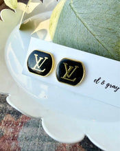 Load image into Gallery viewer, Upcycled Designer Pendant Earrings #107 - Black & Gold