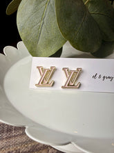 Load image into Gallery viewer, Upcycled Designer Pendant Earrings #131 - Gold & Light Pink