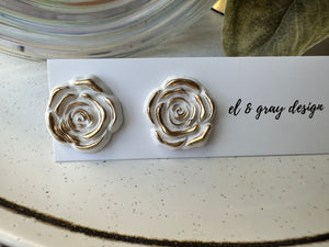 Rosette Stud Earrings - White & Gold