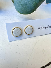 Load image into Gallery viewer, Stud Earrings - Speckled White + Gold Rim
