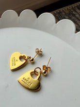 Load image into Gallery viewer, Upcycled Designer Pendant Earrings #102 - gold hearts
