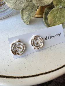 Rosette Stud Earrings - White & Gold