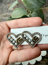 Load image into Gallery viewer, Upcycled Designer Pendant Earrings #112 - Pearled Hearts
