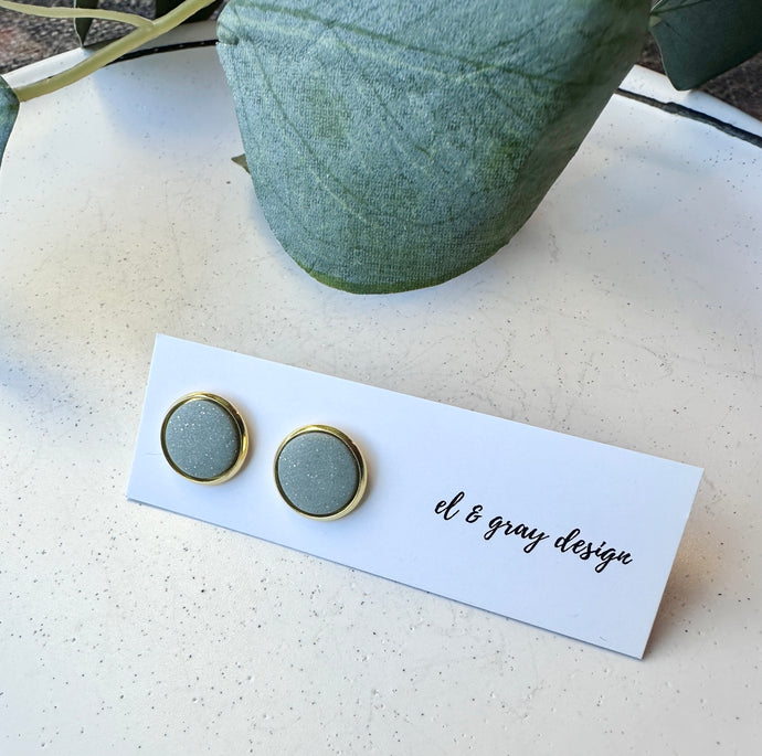 Stud Earrings - Gray Green + Gold Rim