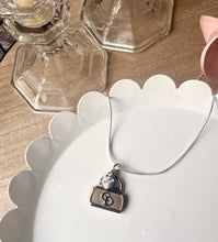 Load image into Gallery viewer, Upcycled Designer Pendant Necklace #228 - Silver Purse &amp; Charm
