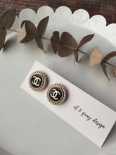 Load image into Gallery viewer, Upcycled Designer Pendant Earrings #118- Black &amp; Gold

