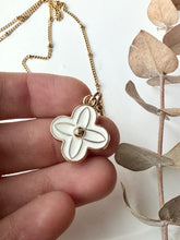 Load image into Gallery viewer, Upcycled Designer Pendant Necklace #217- White &amp; Gold Clover
