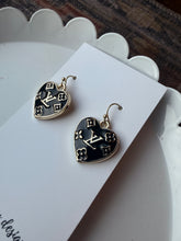 Load image into Gallery viewer, Upcycled Designer Pendant Earrings #120 - Black &amp; Gold Hearts
