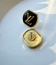 Load image into Gallery viewer, Upcycled Designer Pendant Earrings #107 - Black &amp; Gold
