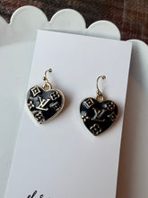 Load image into Gallery viewer, Upcycled Designer Pendant Earrings #120 - Black &amp; Gold Hearts
