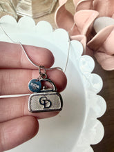 Load image into Gallery viewer, Upcycled Designer Pendant Necklace #228 - Silver Purse &amp; Charm
