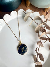 Load image into Gallery viewer, Upcycled Designer Pendant Necklace #215- Round Gold &amp; Black
