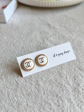 Load image into Gallery viewer, Upcycled Designer Pendant Earrings #106 - White &amp; Gold Circles
