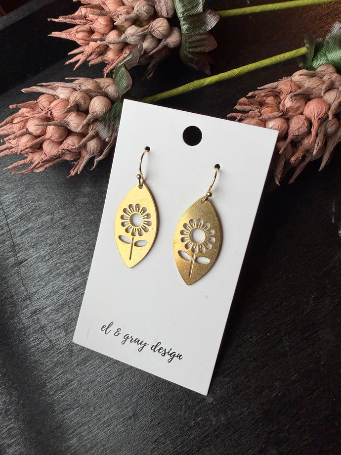 Sunflower Raw Brass Dangle Earrings