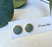 Load image into Gallery viewer, Stud Earrings - Gray Green + Gold Rim
