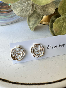 Rosette Stud Earrings - White & Gold