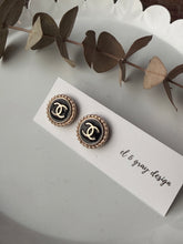 Load image into Gallery viewer, Upcycled Designer Pendant Earrings #118- Black &amp; Gold
