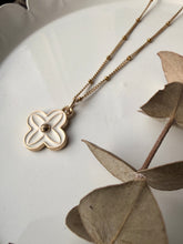 Load image into Gallery viewer, Upcycled Designer Pendant Necklace #217- White &amp; Gold Clover
