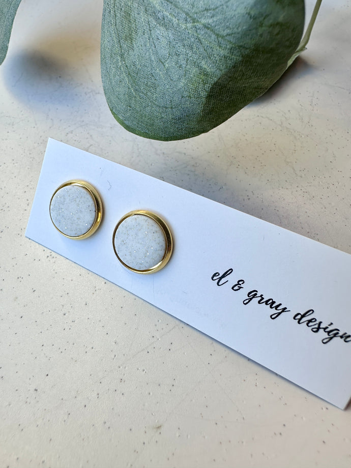 Stud Earrings - Speckled White + Gold Rim