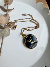 Load image into Gallery viewer, Upcycled Designer Pendant Necklace #215- Round Gold &amp; Black
