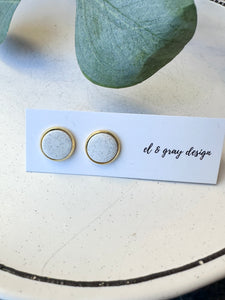 Stud Earrings - Speckled White + Gold Rim