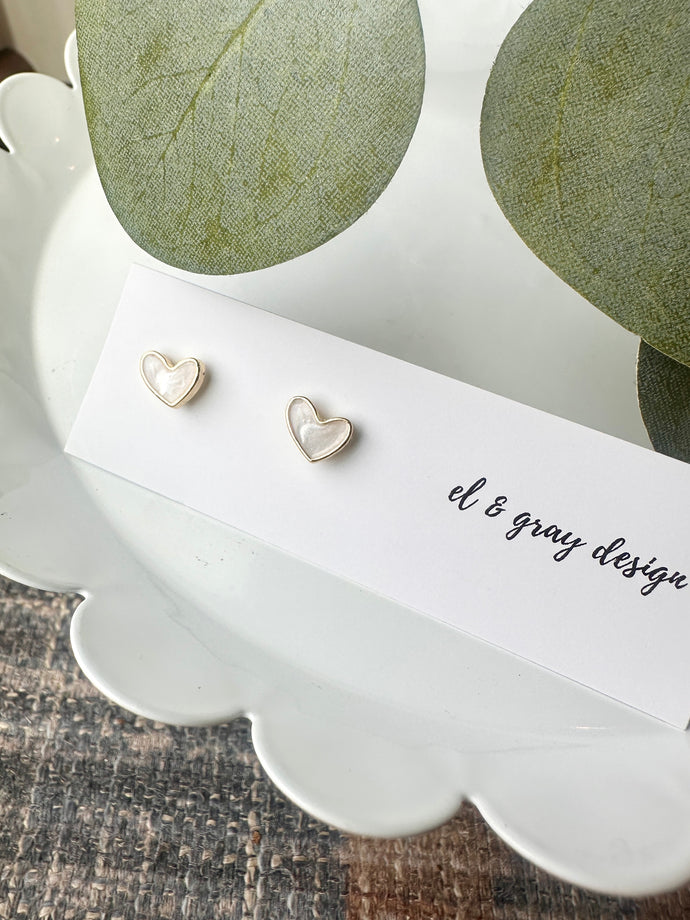 Pearly Heart Studs (Two Sizes!) - Gold Metal Earrings