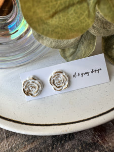 Rosette Stud Earrings - White & Gold