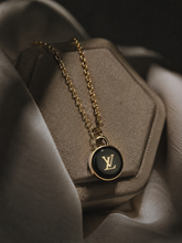 Load image into Gallery viewer, Upcycled Designer Pendant Necklace #126 - black and gold
