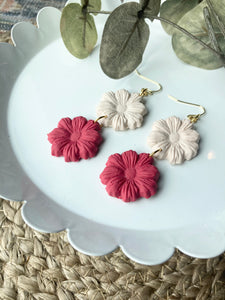SALE - Double Daisy Earrings - Cream & Pink