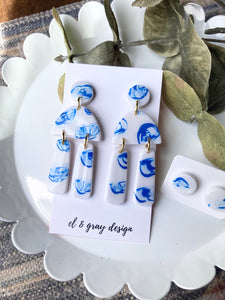 Hand Painted Dangle Earrings in White & Blue